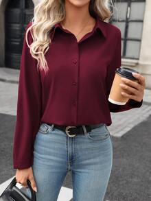 Elenzga Women's Casual Solid Color Button-Up Long Sleeve Shirt, Suitable For Commuting - Burgundy - View 5