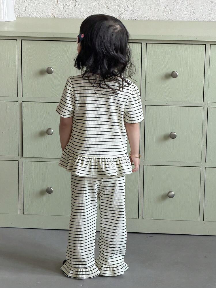 2pcs Baby Girls Striped Square Collar Long Sleeve Ruffle Hem Top And Pants Set Toddler Girls Clothes