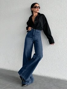 EURMUSE 100%Cotton High Waist Wide Leg Jeans PETİTE - Dark Wash - View 4