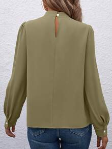 EMERY ROSE 1pc Women's Solid Color Stand Collar Elegant Long Sleeve Blouse - Green - View 2