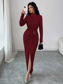 SHEIN Raffinéa 优雅法式高领修身长袖纯色时尚扭花连衣裙，饰有不对称扭花开衩设计，酒红色，秋冬季女士优雅之选。 - 酒紅色 - 查看 5