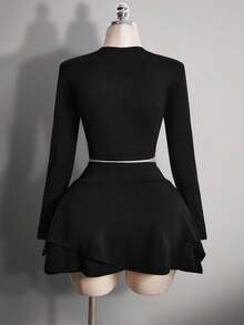 SHEIN ICON 大码女装 Y2K 镂空性感针织上衣，双层蛋糕裙 - 黑色 - 查看 2