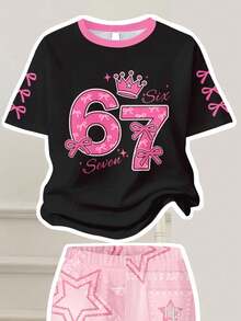 2pcs/Set Tween Girl Casual Loose Fit Numeric 67 & Star Print Short Sleeve T-Shirt And Flare Pants, Suitable For Daily, Outings, Street Style, Cozy Summer And Fall Styles, Spring & Summer Clothes, Chic, New Style, Tween Girl Campus Chic, POV - Multicolor - View 3