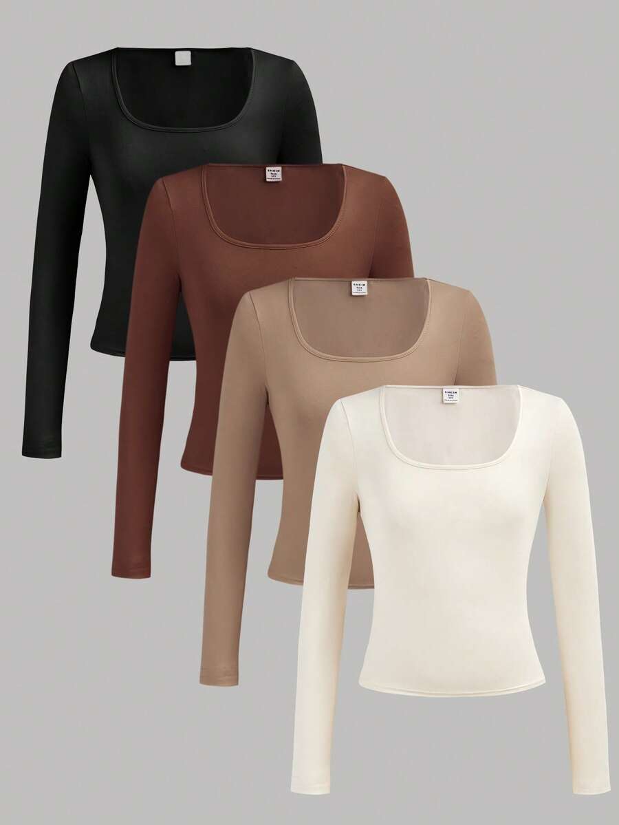 Girlism 4 piezas Camisetas de manga larga de cuello redondo de punto ajustado de un solo color para niñas preadolescentes, versátiles camisetas interiores para otoño/invierno - Caqui - Ver 1