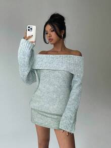 Aloruh Grey Off-Shoulder Turtleneck Long Sleeve Mini Dress, Loose Top Tight Bottom, Suitable For Young Ladies, Autumn/Winter - Green - View 7