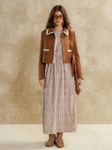 Florisole Váy maxi dáng rộng tay dài cổ tròn dáng chữ A in hoa phong cách Bohemian cho nữ, màu mơ, xuân/thu - Màu Khaki - Xem 6