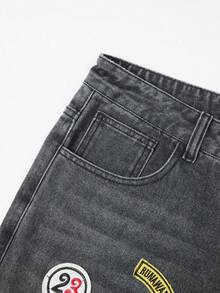 ROMWE MEN Prep 男士字母刺绣贴袋磨边休闲牛仔短裤 - 黑色 - 查看 5