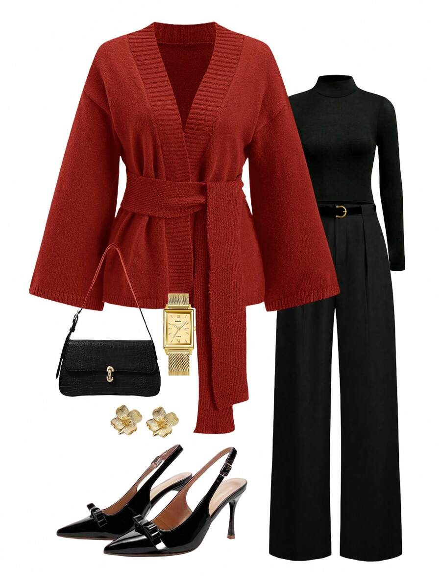 Ellevyn Áo len cardigan dệt kim tay dài buộc eo màu trơn dành cho nữ vào mùa thu/đông - Đỏ - Xem 1