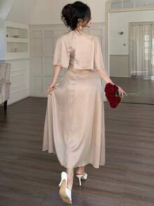 DAZY Women's Round Neck Shawl Collar Satin Elegant Dress - Apricot - View 5