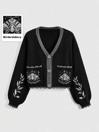 Hippie Cardigan à boutons avec broderie de lune, soleil et étoiles mystérieuses, grande taille