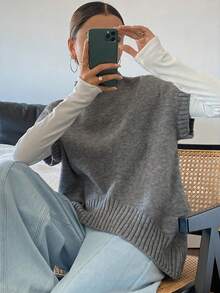 DAZY Chaleco de punto de cuello redondo con ajuste holgado y sin mangas - Gris - Ver 5