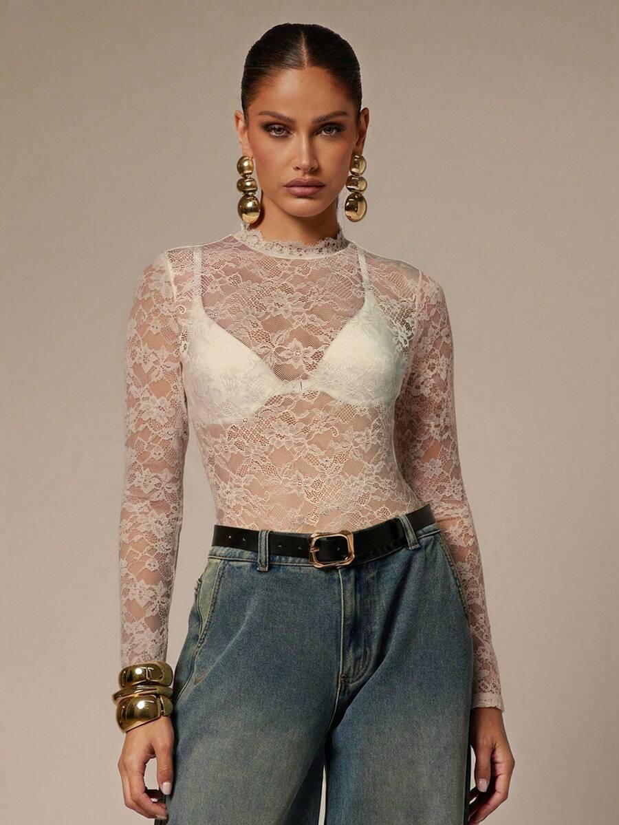 Silquee Bộ đồ liền thân ren hoa cổ đứng tay dài gợi cảm cho nữ - Màu be - Xem 1