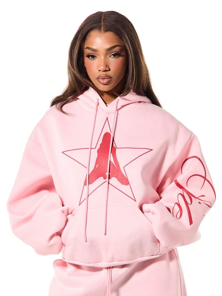SUMWON Oversized Pink Hoodie With Star Graphic Print Long Sleeve Drawstring Pullover Sweatshirt Casual Streetwear