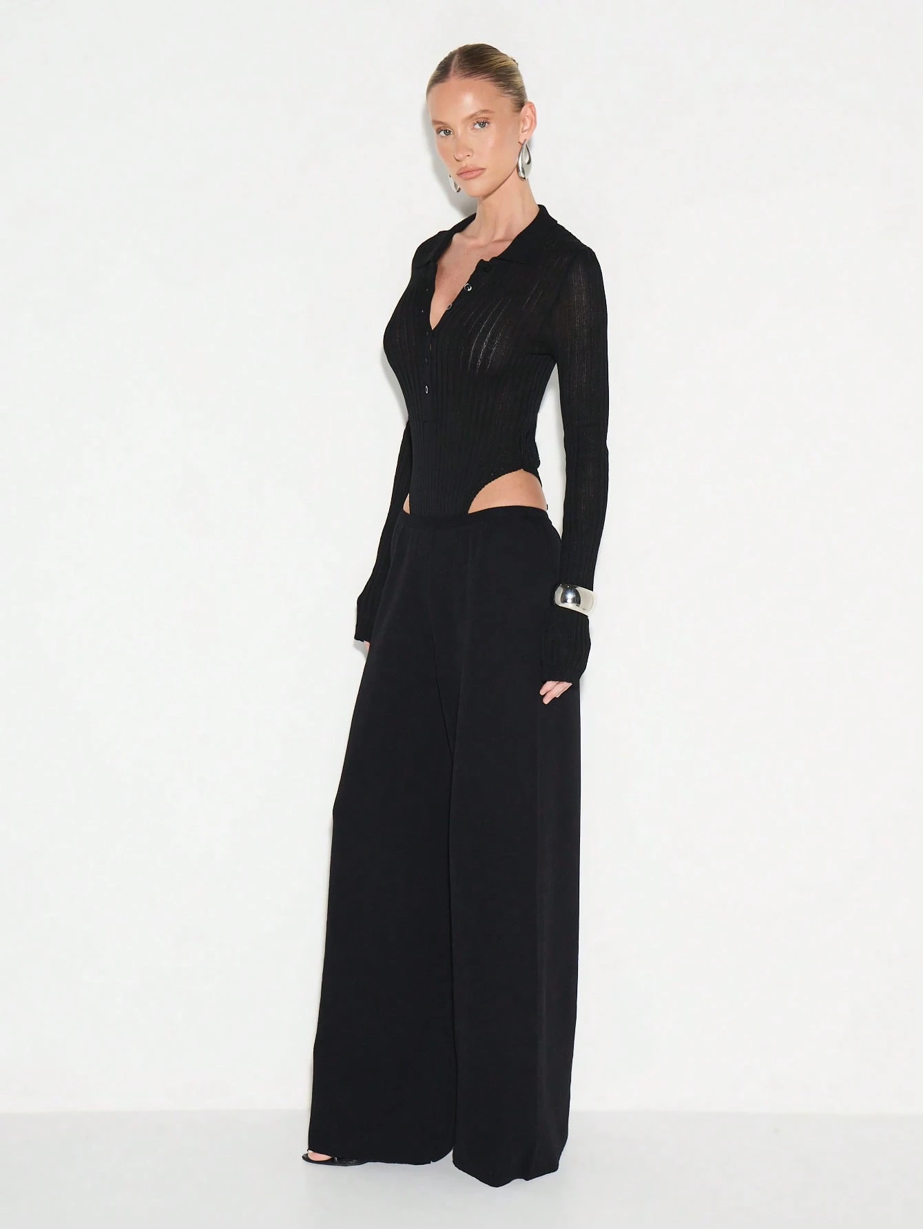 KIZN Ribbed Wide Leg Palazzo Trousers With Gathered Waist