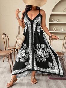 Weeklong Plus Size Women Elephant Print Asymmetric Strap Vacation Dress - Black - View 4