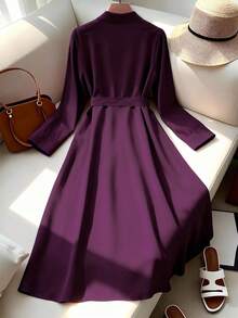 Franclia Plus Size Elegant Commuter Solid Color Front Button Dress Purple Midi Dress Plum Dress Elegant Midi Dress Long Sleeve Elegant Dress Purple Elegant Dress Women