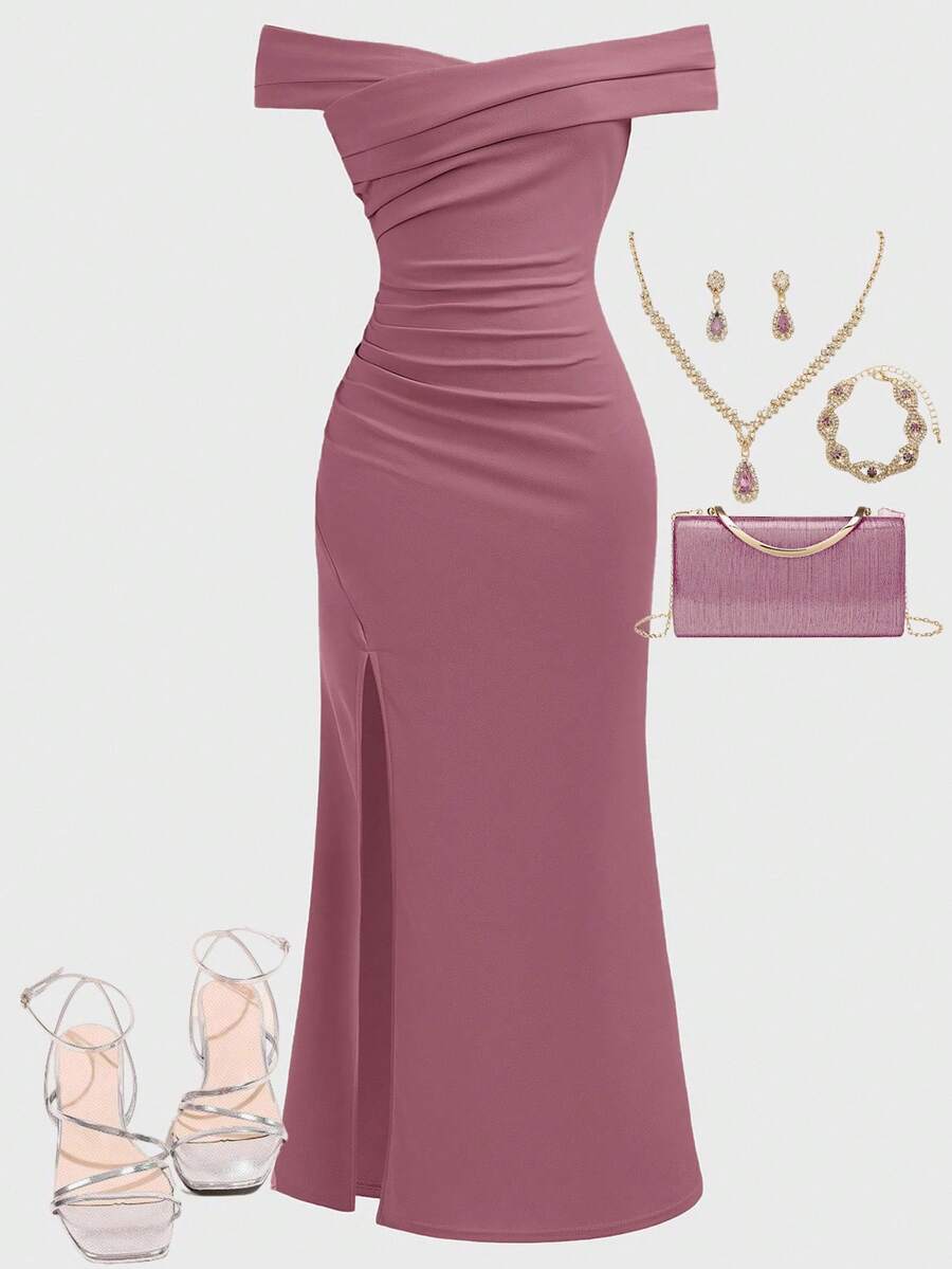 SHEIN Girlism Teen Girls Party Wear Off Shoulder Ruched Elegant Criss-Cross Fishtail Hem Dress Evening Wear Teen Dress Elegant Bridesmaid Dress Simple Prom Dress Dress For Wedding Guest - Rusty Rose - View 1