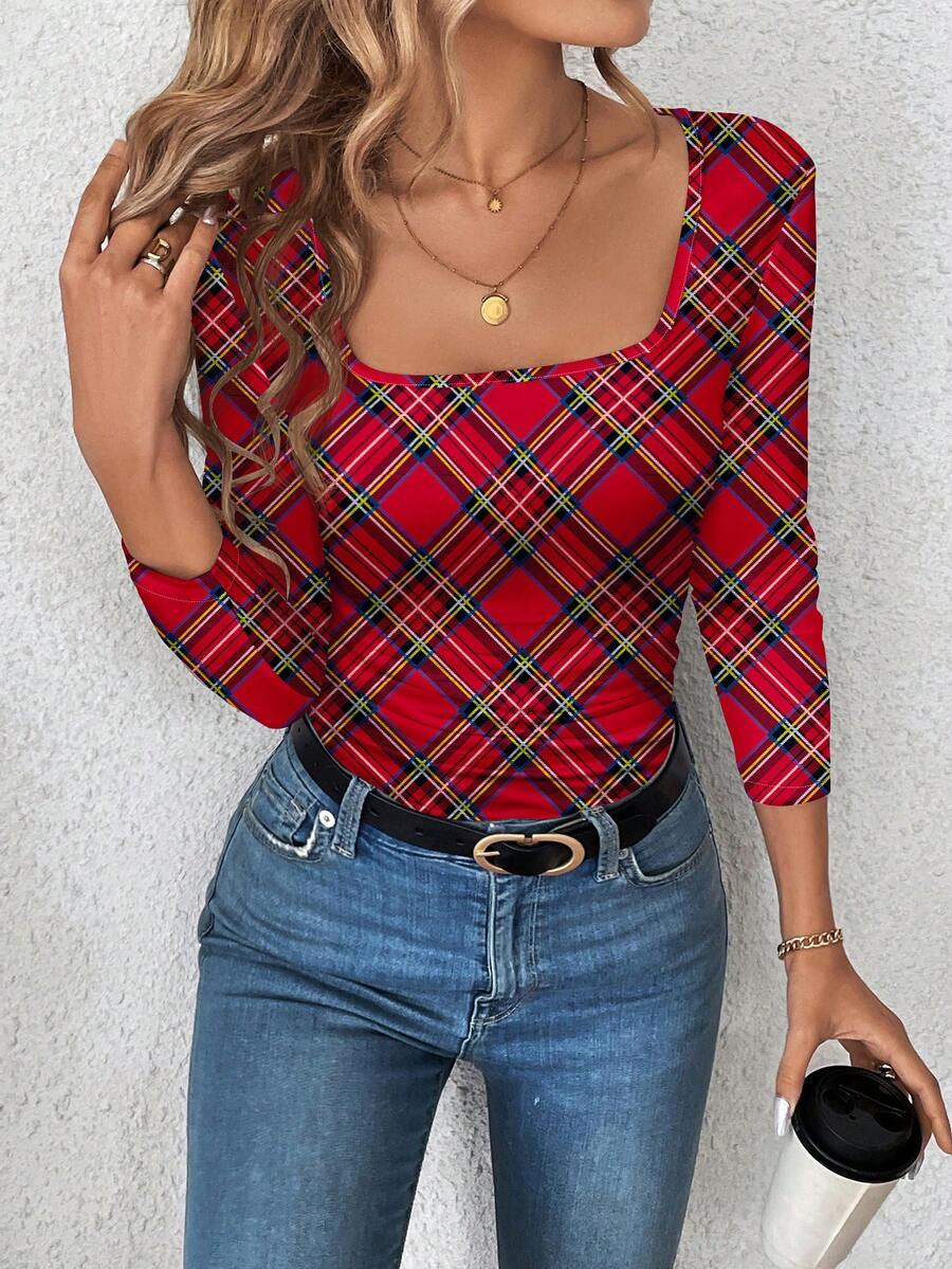 SHEIN LUNE Áo thun nữ tay dài cổ chữ U họa tiết kẻ caro đỏ đen ấm áp, thanh lịch, thoải mái, phù hợp cho mùa thu/đông, dễ mặc khi đi làm - Nhiều màu - Xem 1