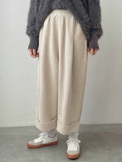 FRIFUL Women's Elastic Waist Corduroy Ankle Pants