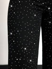 SHEIN Tall Winter Spring Women's Fashion Commuter Rhinestone Embellished Vacation Straight Leg Black Denim Jeans - Black - View 6