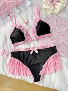 PetitDoll 2pcs Women Colorblock Bow Decor Ruffle Trim Lingerie Set - Black - View 1