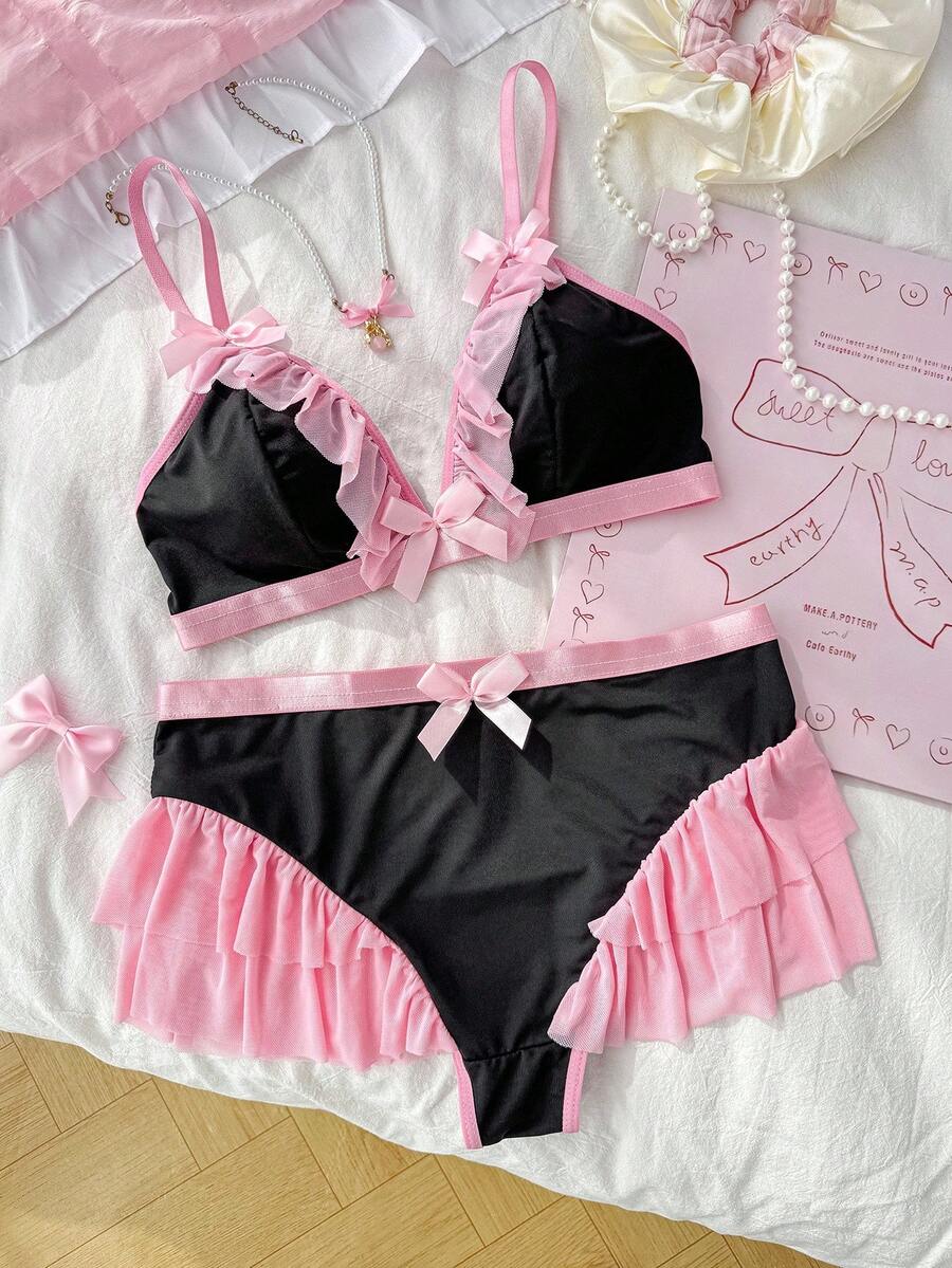 PetitDoll 2pcs Women Colorblock Bow Decor Ruffle Trim Lingerie Set - Black - View 1