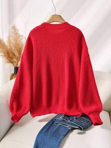 CosyJoli Plus Size Women's Plaid Bow Decor Drop Shoulder Long Sleeve Loose Pullover Red Sweater, Autumn/Winter Christmas Red/New Year - Red - View 2