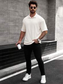 Manfinity CasualCool 男士休闲纯色短袖 Polo 衫，夏季男士纽扣针织 Polo 衫，男士沙滩装，白色/米色男士高尔夫球衫 - 杏色 - 查看 5