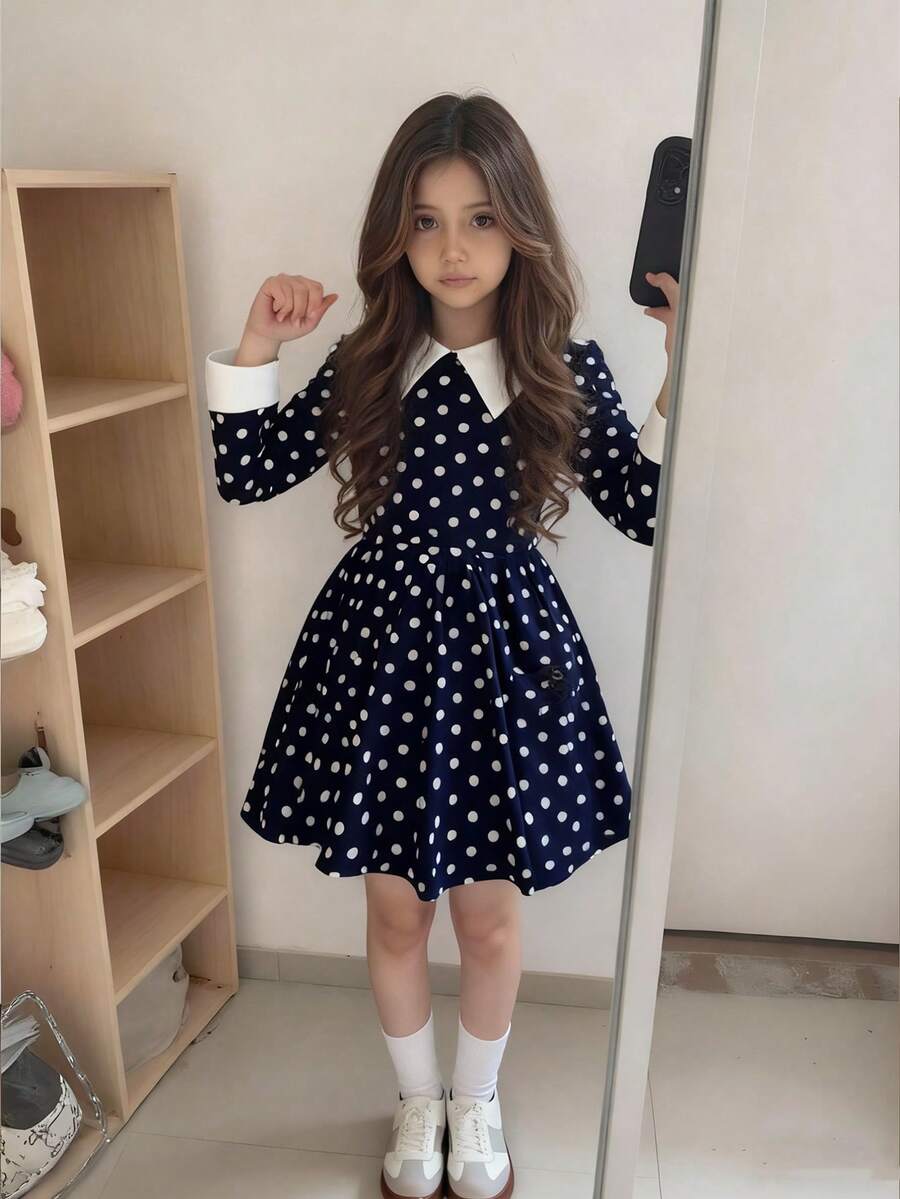 SHEIN Elladie kids 女童休闲黑色撞色领腰针织连衣裙 - 寶藍色 - 查看 1