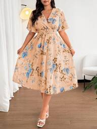 Celure Vintage Floral Print V-Neck Women Long Dress