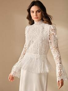 Anewsta Áo nữ màu trắng thanh lịch, đa năng, cổ đứng, thêu ren, phối nhiều mảnh, tua rua ở gấu áo, tay chuông. - trắng - Xem 6