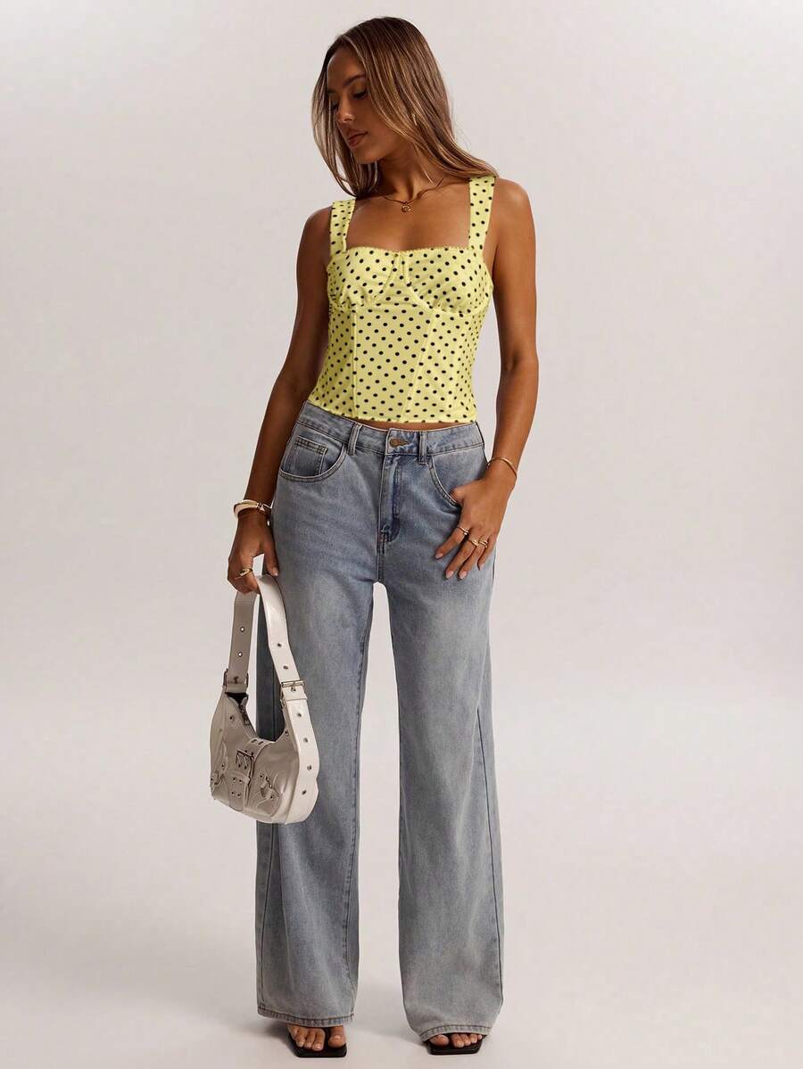 SHEIN BAE 女士约会之夜派对生日派对夜店节日派对优雅黑色波尔卡圆点印花背心，女友派对，约会，日常街头通勤可爱紧身胸衣性感上衣 - 黃色 - 查看 1