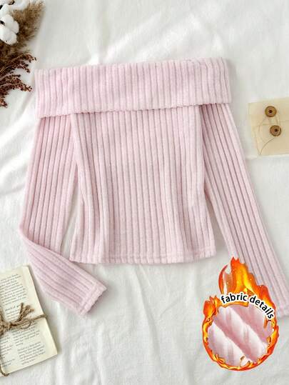 Tseoso Camiseta ajustada de punto acanalado de color rosa cálido cepillado con hombros descubiertos para mujeres, perfecta para fiestas, clubes, citas y el estilo "chica limpia". Ideal para Navidad, Año Nuevo, el hogar, el regreso a la escuela y el armario de otoño.