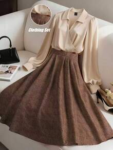 Franclia Women's Elegant Collared Crossover Loose Long-Sleeved Shirt And Plaid A-Line Skirt Two-Piece Set, Summer Outfit, Women's Summer Suit, Women's Spring Outfit, Women's Elegant Shirt, Women's Casual Top, Elegant Suit, Casual Jumpsuit, Apricot Shirt And Khaki Skirt Set.Graduation Season Attire, Fashionable Casual Commuter Wear, Business Office Wear, Versatile And Stylish Everyday Casual Wear, Urban Teacher's Professional Attire,Turkish Abaya, Arab Long Robe Fall Cloth For Women - Multicolor - View 1