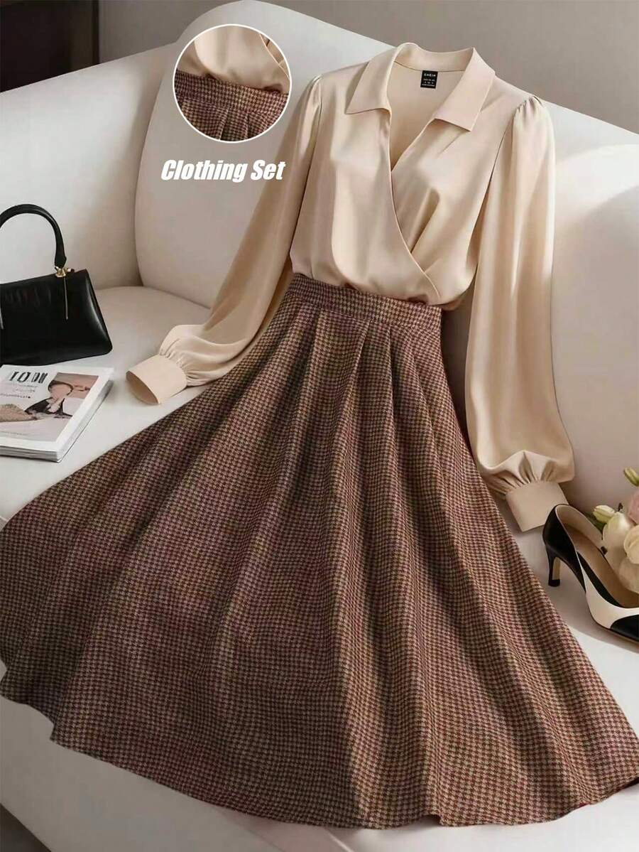 Franclia Women's Elegant Collared Crossover Loose Long-Sleeved Shirt And Plaid A-Line Skirt Two-Piece Set, Summer Outfit, Women's Summer Suit, Women's Spring Outfit, Women's Elegant Shirt, Women's Casual Top, Elegant Suit, Casual Jumpsuit, Apricot Shirt And Khaki Skirt Set.Graduation Season Attire, Fashionable Casual Commuter Wear, Business Office Wear, Versatile And Stylish Everyday Casual Wear, Urban Teacher's Professional Attire,Turkish Abaya, Arab Long Robe Fall Cloth For Women - Multicolor - View 1