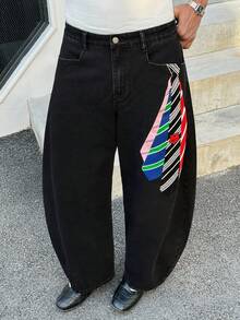 SWAVVY Casual Loose Fit Wide Leg Button Pocket Men Jeans Men Wide Leg Jean Baggy Jeans Y2k Men Graphic Baggy Jeans Black Baggy Jean - Black - View 3