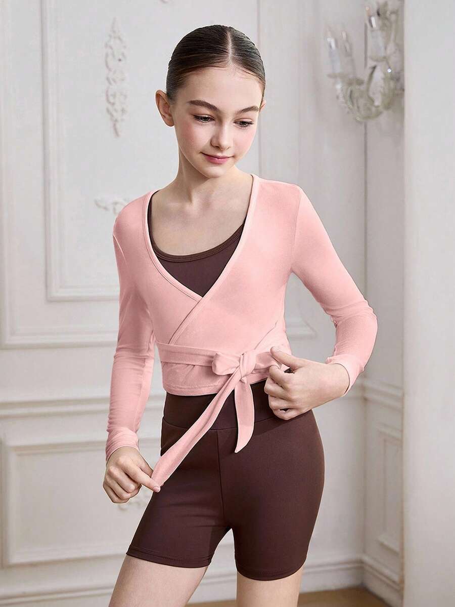 SHEIN 适合青少年女孩的芭蕾舞服装,高弹力光滑外套,适合芭蕾舞比赛和秋冬季穿着。 - 粉色 - 查看 1