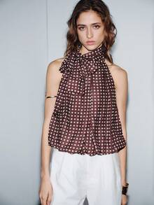 Lumivelle Valentine's Day Women's Fashion Party Graduation Bowknot Polka Dot Print Camisole Polka Dot Top Tie Top Brown Polka Dot Party Top Scarf Top Brown Top Bow Neck Top Pokadot Top Sleeveless Top Brown Polka Dot Top - Brown - View 3