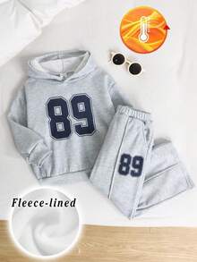 SHEIN 2pcs/Set Young Boys Casual Minimalist Fleece Thickened Hoodie Sweatshirt And Pants Set, Suitable For Autumn/Winter, Christmas, New Year - Grey - View 4