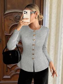 SHEIN Frenchy Women's Solid Color Crew Neck Cardigan, Long Sleeve, Autumn/Winter Casual - Grey - View 7