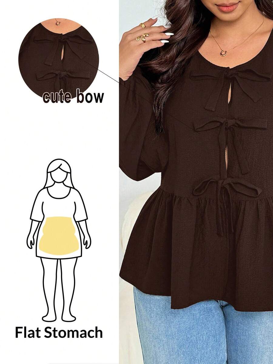SHEIN Essnce 大码女装秋冬时尚休闲舒适日常质感面料修身黑色蝴蝶结长袖衬衫,秋季外出上衣,工作上衣,母女装 - 棕色 - 查看 1