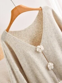 SHEIN Cosyjoi Áo len chui đầu họa tiết hoa jacquard cổ chữ V rộng rãi cỡ lớn thời trang thu đông cho nữ - Màu be - Xem 3
