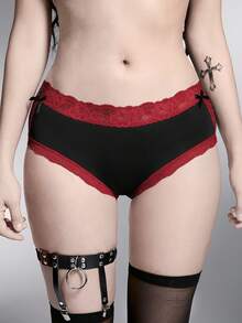 ROMWE Goth 1条黑色棉质蕾丝边女士内裤，情人节礼物 - 酒紅色 - 查看 2