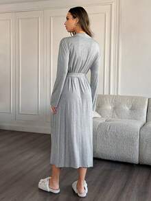 HautHeat Women's Solid Color Crossover Wrap Long Sleeve Comfortable Breathable Robe - Light Grey - View 2