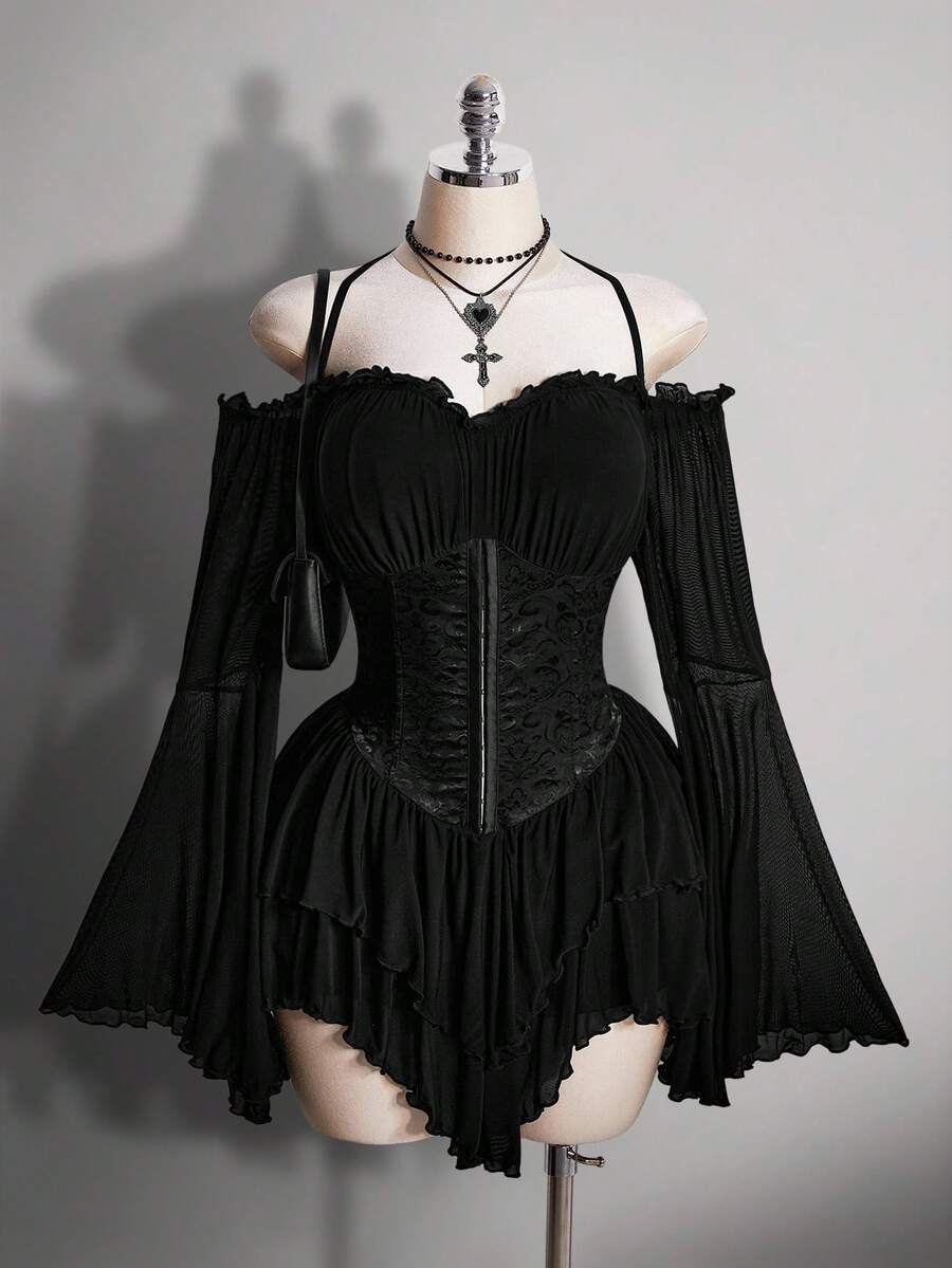 SHEIN ICON 加大码 Y2K 黑色褶皱提花腰带拼接褶皱荷叶边露肩吊带喇叭袖多层荷叶边下摆 A 字雪纺迷你连衣裙，哥特暗黑风格派对装扮 - 黑色 - 查看 1