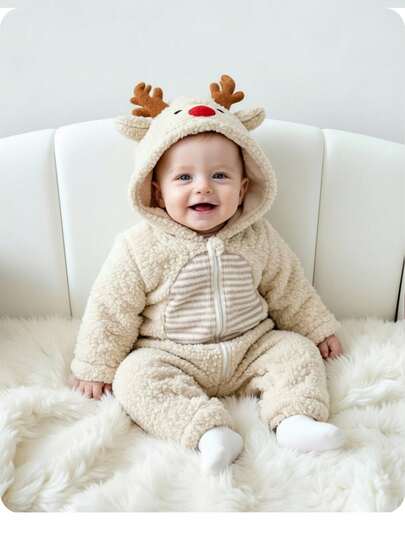 Newborn Baby Girl And Baby Boy Fashion Design Casual Versatile Christmas Cute Apricot Furry Deer Cartoon Pattern Hooded Bodysuit Jumpsuit, Autumn And Winter, Apricot Plush Lining Jumpsuit, Christmas Cute Cartoon Pattern Jumpsuit, Light Khaki Beige Jumpsuit, Fashionable Design Cutting-Edge Fashion Design Can Be Worn Indoors And Outdoors, Simple Style, Suitable For Indoor And Outdoor, Daily, Sports, Play, Party, Photo Shoot, Vacation, Festival