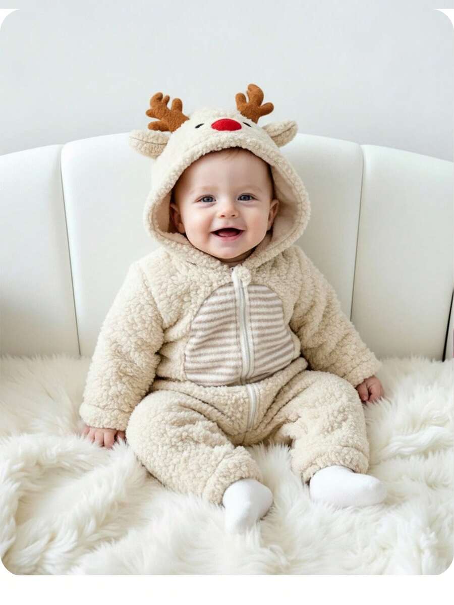 Newborn Baby Girl And Baby Boy Fashion Design Casual Versatile Christmas Cute Apricot Furry Deer Cartoon Pattern Hooded Bodysuit Jumpsuit, Autumn And Winter, Apricot Plush Lining Jumpsuit, Christmas Cute Cartoon Pattern Jumpsuit, Light Khaki Beige Jumpsuit, Fashionable Design Cutting-Edge Fashion Design Can Be Worn Indoors And Outdoors, Simple Style, Suitable For Indoor And Outdoor, Daily, Sports, Play, Party, Photo Shoot, Vacation, Festival
