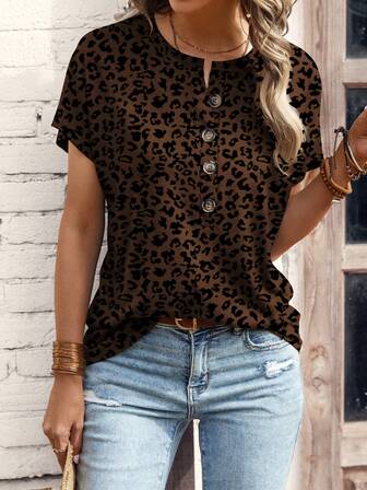 EMERY ROSE New Arrival Women's Fashion Leopard Print Button V-Neck T-Shirt