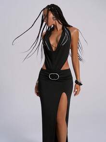 TypaGal Vestido de mujer de moda, sexy, con escote halter, espalda descubierta y abertura alta con adornos de rhinestones - Negro - Ver 6