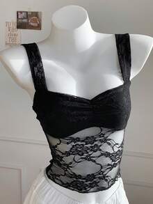 Comfortcana 女士夏季修身蕾絲荷葉邊短款背心